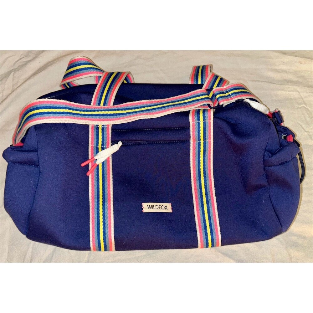 WILDFOX Duffle Bag Womens Medium Navy Blue Multicolor Striped Handles Zip